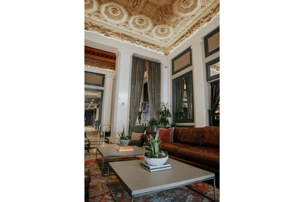 A welcoming interior lounge featuring a luxurious leather sofa, stylish coffee tables, decorative plants, and an ornate ceiling. The space appears comfortable and pet-friendly, ideal for relaxing after a city stroll.