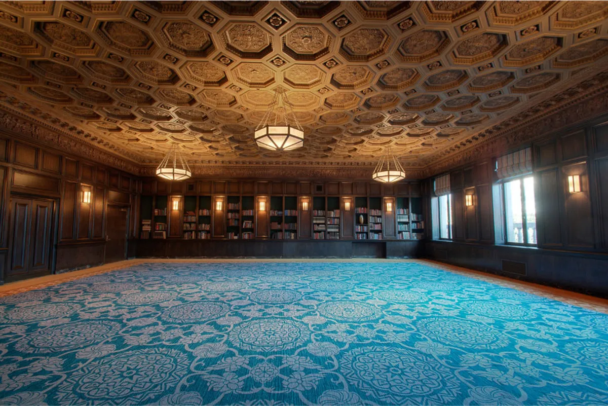 A tranquil room with an ornate ceiling, bookshelves filled with books, a detailed patterned carpet, and large windows that offer views and bring in daylight. The setting is intimate, intellectual, and welcoming, suggesting a space for reading, study sessions, or relaxed gatherings.